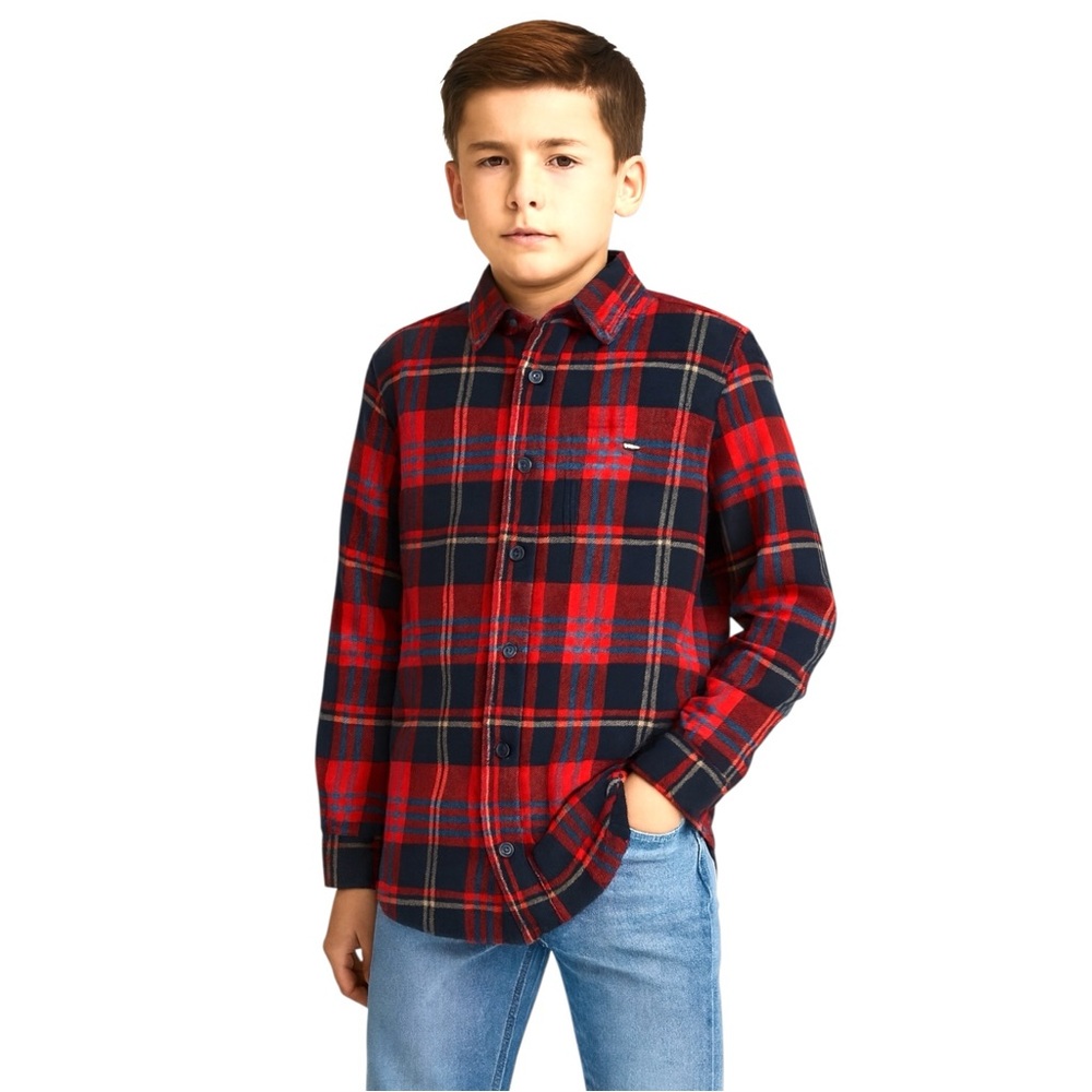 Boys Red Navy Plaid Flannel Button Down Long Sleeve Shirt Size US L, 12Y